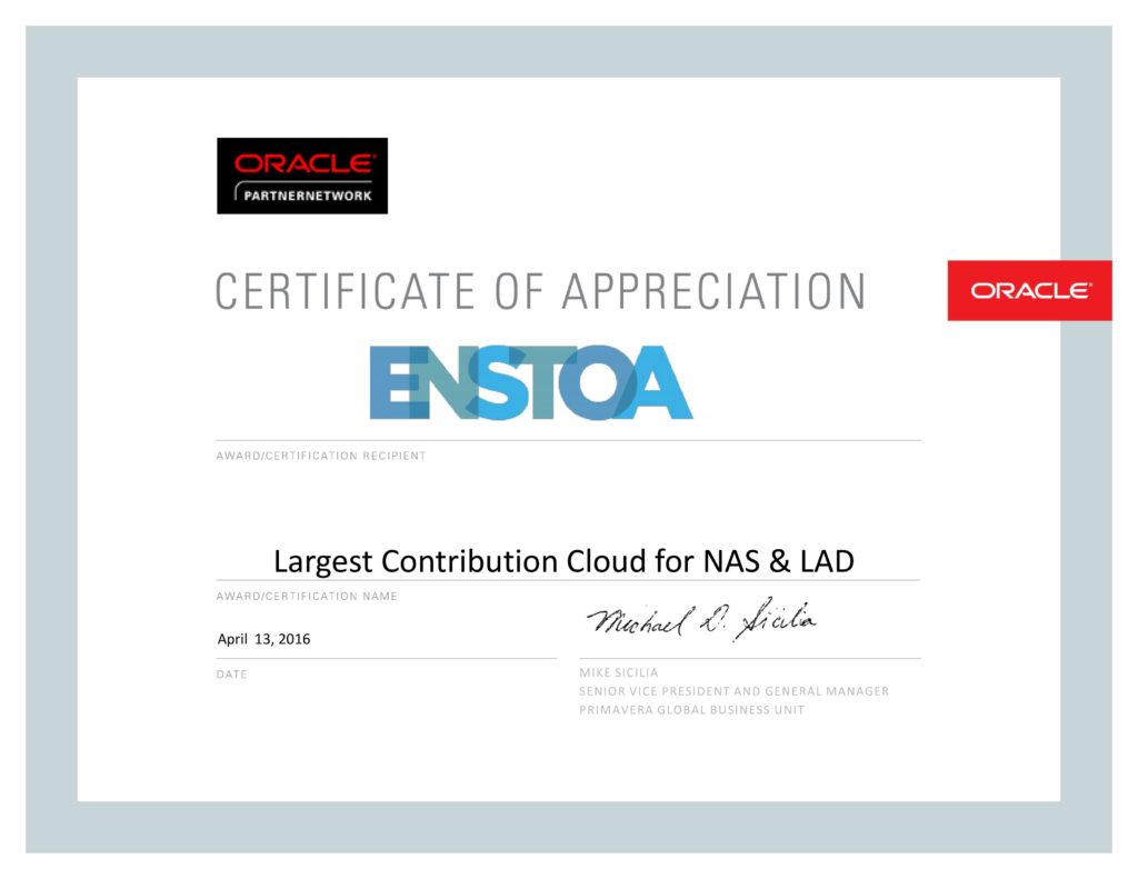 Enstoa Recognized for Largest Contribution in Cloud Implementation with Oracle’s Primavera