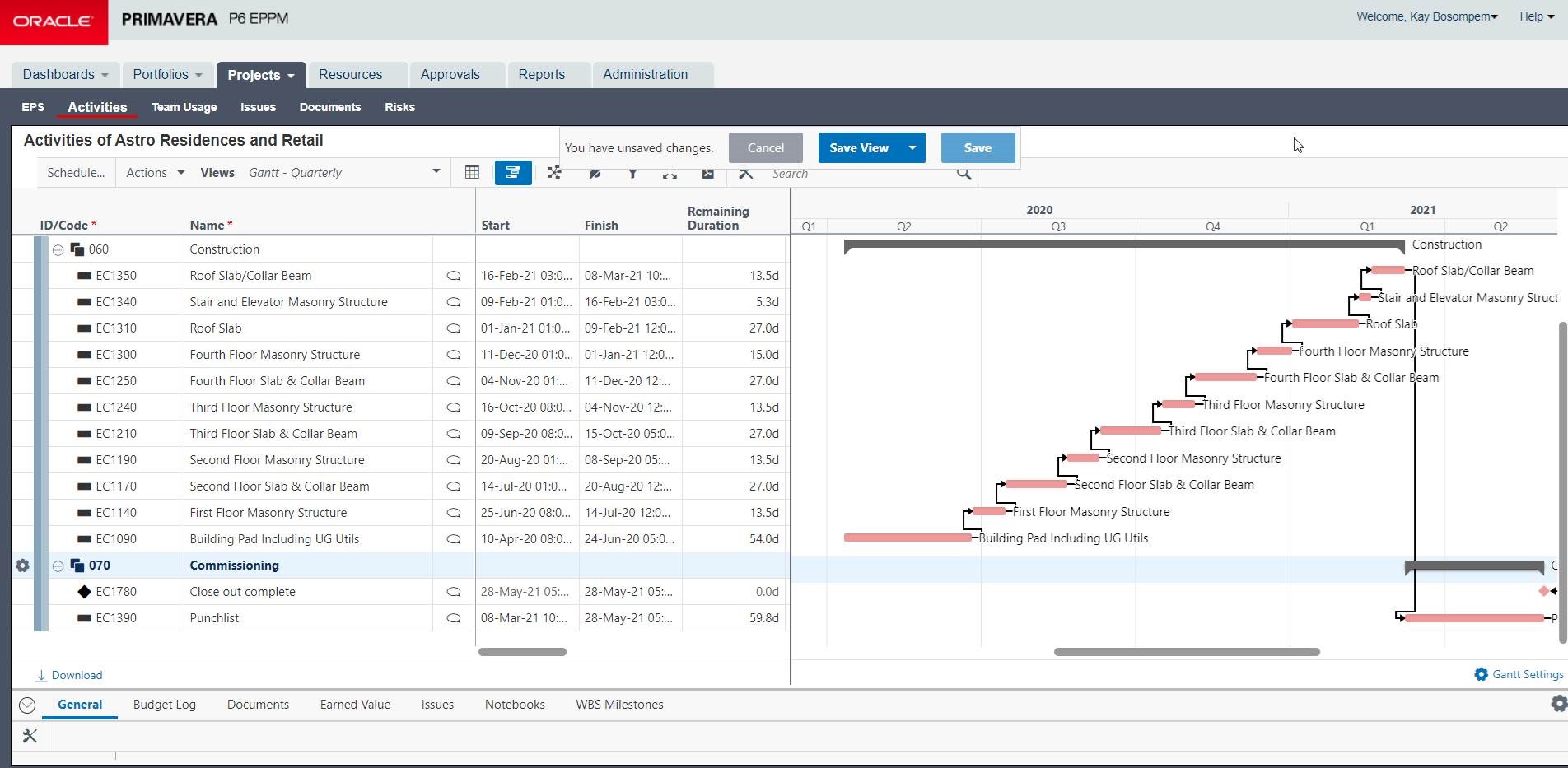 P6 Gantt Chart at Thryssa Dashboard